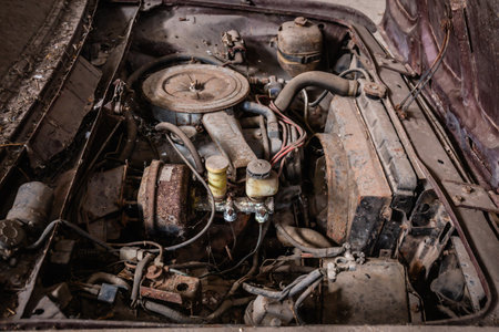old rusty and dusty car engine is left idle. vintage carの写真素材