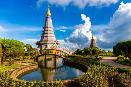 Beautiful landscape aerial view of Doi Inthanon in evening time with blue sky background buddhist...