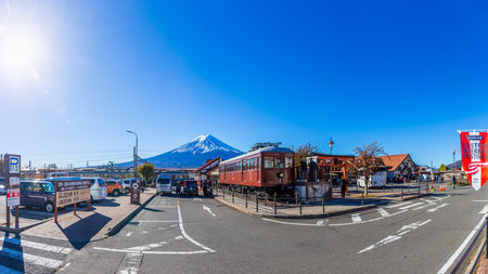 Yamanashi, Japan - November 14, 2023: Kawaguchiko Station is connected to many train and bus lines and is an important tourist destination with the backdrop of Mount Fuji.のeditorial素材