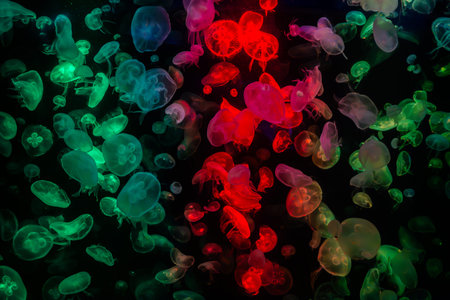 Many jellyfish change color according to the colorful light, very beautiful. Abstract copy space...