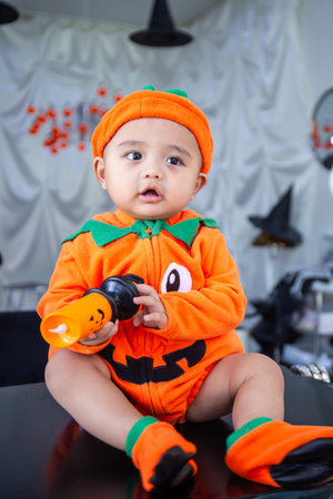 A little boy wearing an orange pumpkin costume and hat sits on a table holding candles to celebrate...