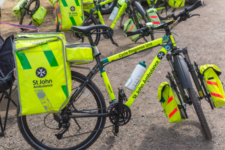 Bedford, Bedfordshire, UK, July 15, 2018. Saving Lives on Two Wheels: UK Cycle Response Unit. Bicycle to the St John Ambulance movement.のeditorial素材