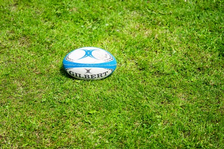 Bedford, Bedfordshire, UK. May 19,2019. A rugby ball is an elongated ellipsoidal ball used in rugby footballのeditorial素材