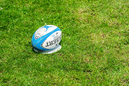 Bedford, Bedfordshire, UK. May 19,2019. A rugby ball is an elongated ellipsoidal ball used in rugby footballのeditorial素材