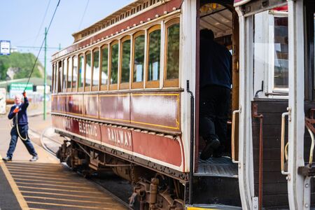 Laxey, Isle of Man, June 15, 2019. The Manx Electric Railway is an electric interurban tramway connecting Douglas, Laxey and Ramsey in the Isle of Manのeditorial素材