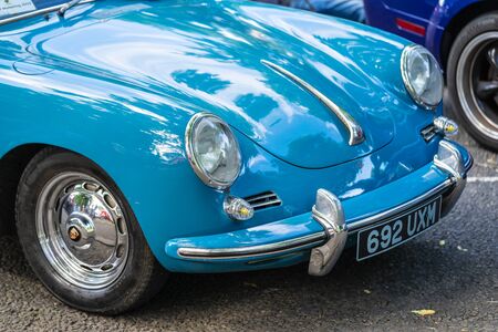 Bedford, Bedfordshire, UK June 2 2019 Fragment of light blue Porsche