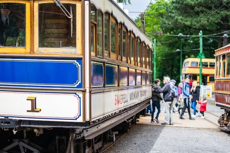 Laxey, Isle of Man, June 15, 2019. The Snaefell Mountain Railway is an electric mountain railway on the Isle of Man. It joins the village of Laxey with the summit of Snaefell, at 621 m above sea level the highest point on the island.のeditorial素材