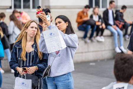 London, UK, July, 2019. Close up portrait of happy attractive people taking selfie in Londonのeditorial素材
