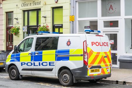 Douglas, Isle of Man, June 16, 2019. Police van registration plate of the Isle of Manのeditorial素材