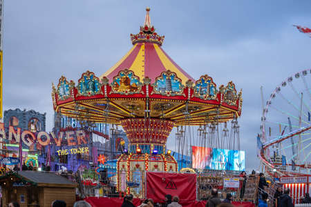 An amusement park is a park that features various attractions, such as rides and games, as well as other events for entertainment purposes.London, UK 5th January, 2020のeditorial素材