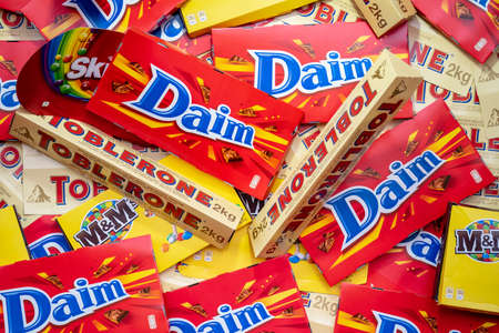 Background of boxes and packages with candy and chocolate. London, UK 5th January, 2020のeditorial素材