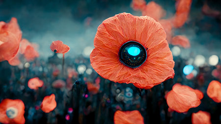 Poppy field. Remembrance day concept. Neural network generated art. Digitally generated image. Not based on any actual scene or pattern. High quality illustration.の写真素材