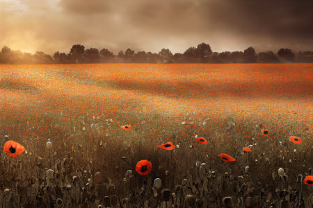 Poppy field. Remembrance day concept. Neural network generated art. Digitally generated image. Not based on any actual scene or pattern. High quality illustration.の写真素材