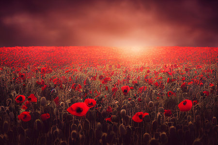 Poppy field. Remembrance day concept. Neural network generated art. Digitally generated image. Not based on any actual scene or pattern. High quality illustration.の写真素材