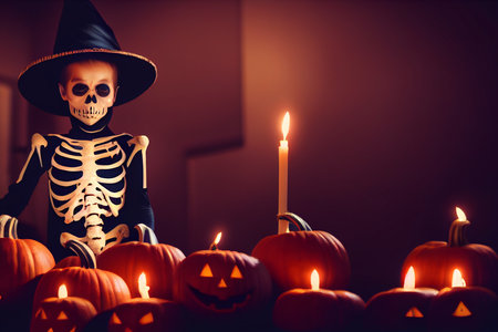 Trick-or-treating is a traditional Halloween custom for children and adults. Neural network generated art. Digitally generated image. Not based on any actual scene or pattern.の写真素材