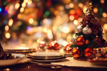 Christmas dinner. Table against the background of the Christmas tree. Neural network generated art. Digitally generated image. Not based on any actual scene or pattern.の写真素材