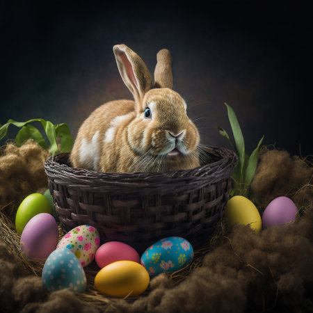 Easter bunny sitting in egg basket created with generative AI technology. High quality illustrationの写真素材