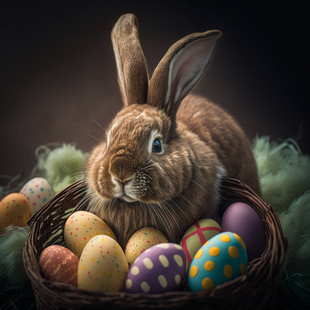 Easter bunny sitting in egg basket created with generative AI technology. High quality illustrationの写真素材