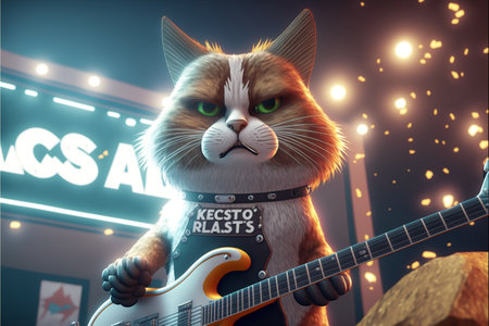 Cats as rock stars playing guitar at concert created with generative AI technology. High quality illustrationの写真素材