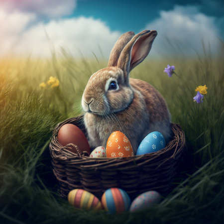 Easter bunny sitting in egg basket created with generative AI technology. High quality illustrationの写真素材