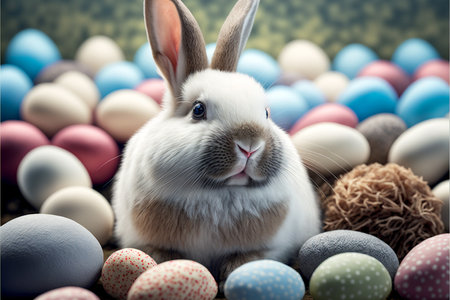 Easter bunny sitting in egg basket created with generative AI technology. High quality illustrationの写真素材