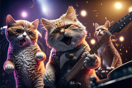 Cats as rock stars playing guitar at concert created with generative AI technology. High quality illustrationの写真素材