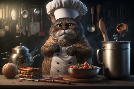 Cat as Chef in the Kitchen created with generative AI technology. High quality illustrationの写真素材