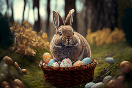 Easter bunny sitting in egg basket created with generative AI technology. High quality illustrationの写真素材