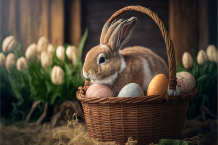 Easter bunny sitting in egg basket created with generative AI technology. High quality illustrationの写真素材