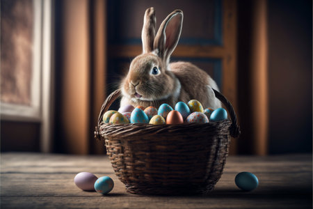 Easter bunny sitting in egg basket created with generative AI technology. High quality illustrationの写真素材