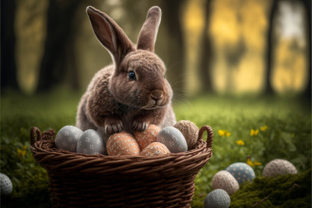 Easter bunny sitting in egg basket created with generative AI technology. High quality illustrationの写真素材