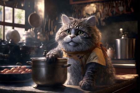 Cat as Chef in the Kitchen created with generative AI technology. High quality illustrationの写真素材