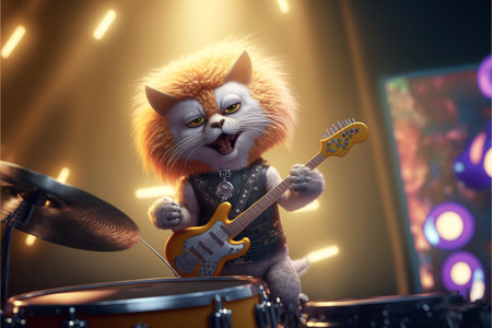 Cats as rock stars playing guitar at concert created with generative AI technology. High quality illustrationの写真素材