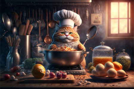 Cat as Chef in the Kitchen created with generative AI technology. High quality illustrationの写真素材
