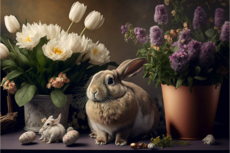 Easter bunny sitting among eggs created with generative AI technology. High quality illustrationの写真素材