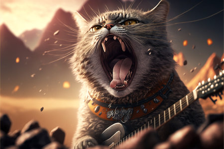Cats as rock stars playing guitar at concert created with generative AI technology. High quality illustrationの写真素材