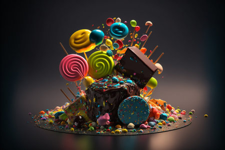 Colorful bright sweets on a black background created with generative AI technology. High quality illustrationの写真素材