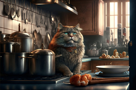 Cat as Chef in the Kitchen created with generative AI technology. High quality illustrationの写真素材