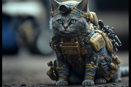 Cat as a soldier of the Ukrainian army created with generative AI technology. High quality illustrationの写真素材