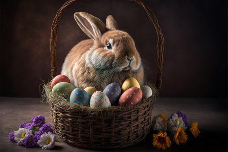 Easter bunny sitting in egg basket created with generative AI technology. High quality illustrationの写真素材