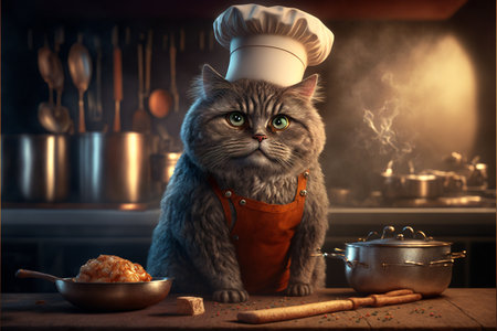 Cat as Chef in the Kitchen created with generative AI technology. High quality illustrationの写真素材