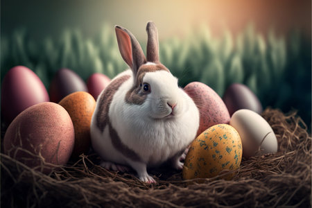 Easter bunny sitting in egg basket created with generative AI technology. High quality illustrationの写真素材