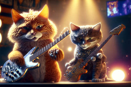 Cats as rock stars playing guitar at concert created with generative AI technology. High quality illustrationの写真素材