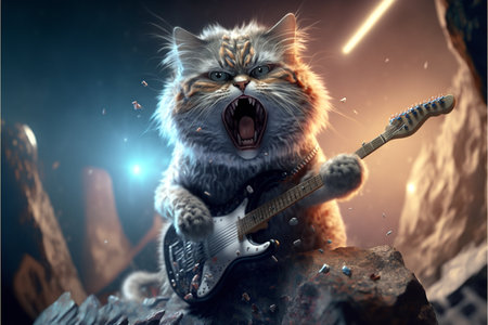 Cats as rock stars playing guitar at concert created with generative AI technology. High quality illustrationの写真素材