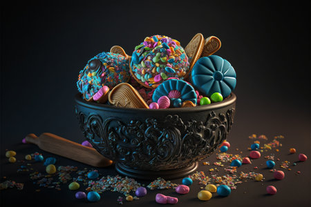 Colorful bright sweets on a black background created with generative AI technology. High quality illustrationの写真素材