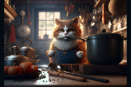 Cat as Chef in the Kitchen created with generative AI technology. High quality illustrationの写真素材