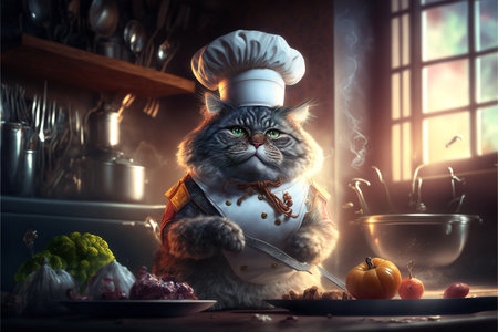 Cat as Chef in the Kitchen created with generative AI technology. High quality illustrationの写真素材