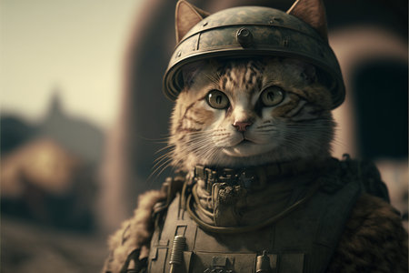 Cat as a soldier of the Ukrainian army created with generative AI technology. High quality illustrationの写真素材