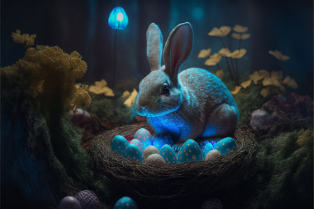 Easter bunny sitting in egg basket created with generative AI technology. High quality illustration