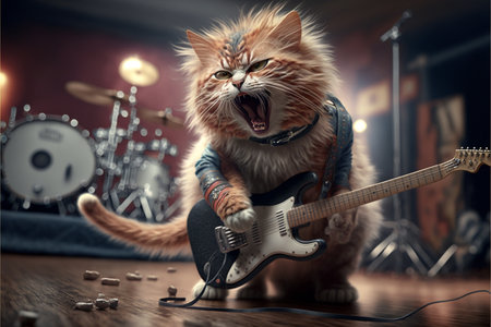 Cats as rock stars playing guitar at concert created with generative AI technology. High quality illustrationの写真素材